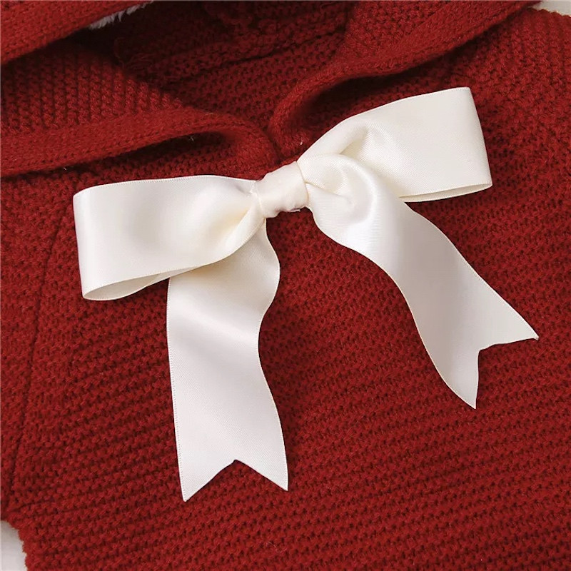 Winter 3M-24M Long Sleeve Knitted Fringed Hem Hooded Baby Sweater RED